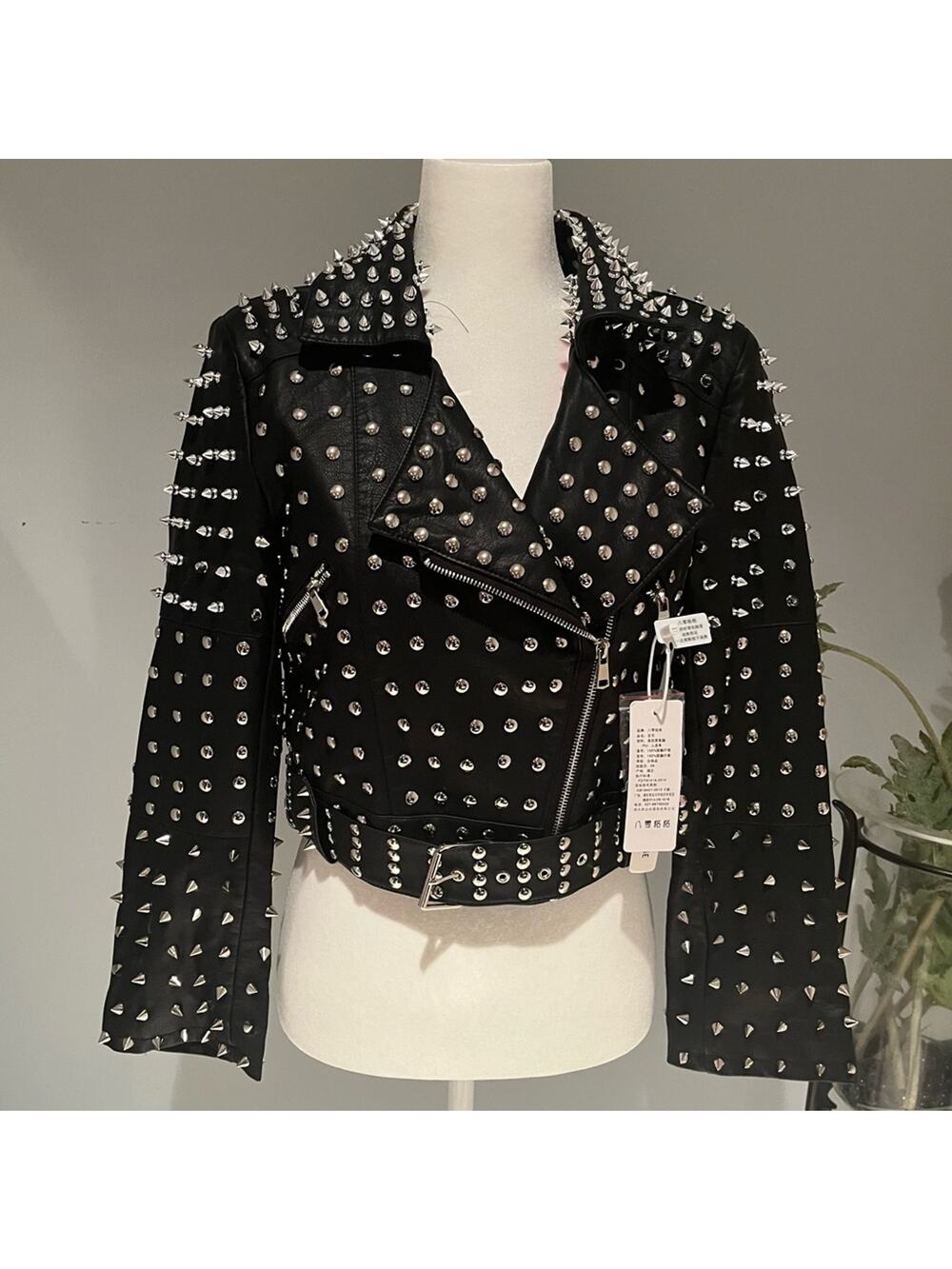 NEW CUSTOM Belted Studded Spike Rivet Moto Cropped Biker Jacket Black Un…